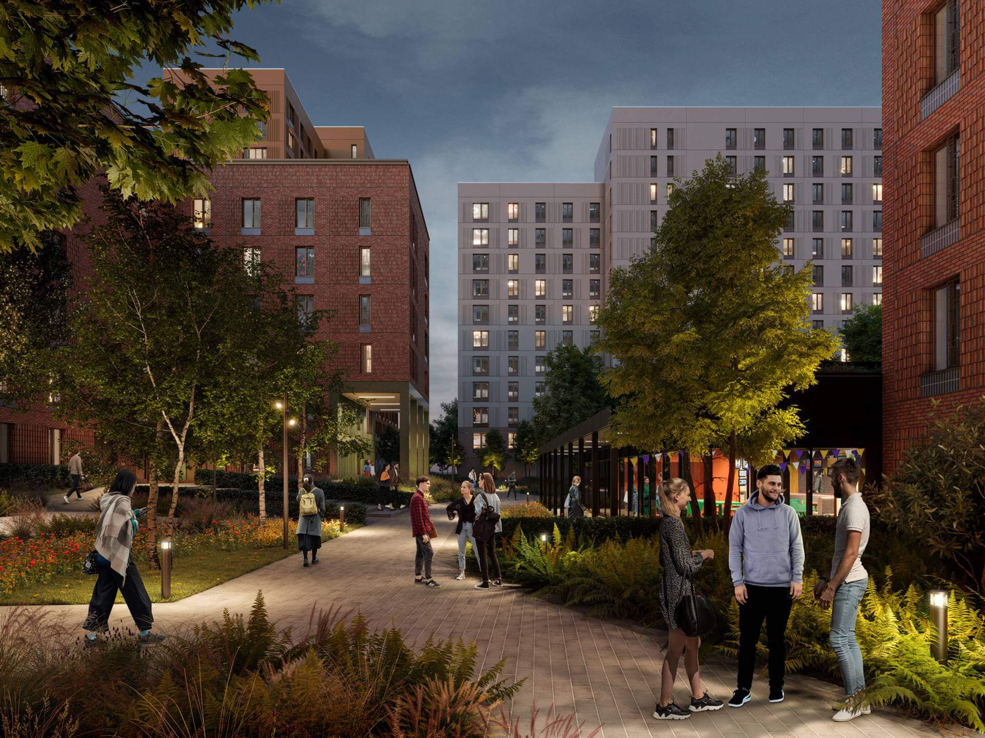 Fallowfield Student Village exterior at night, mid-rise Passivhaus residential blocks at the University of Manchester, by CAD21