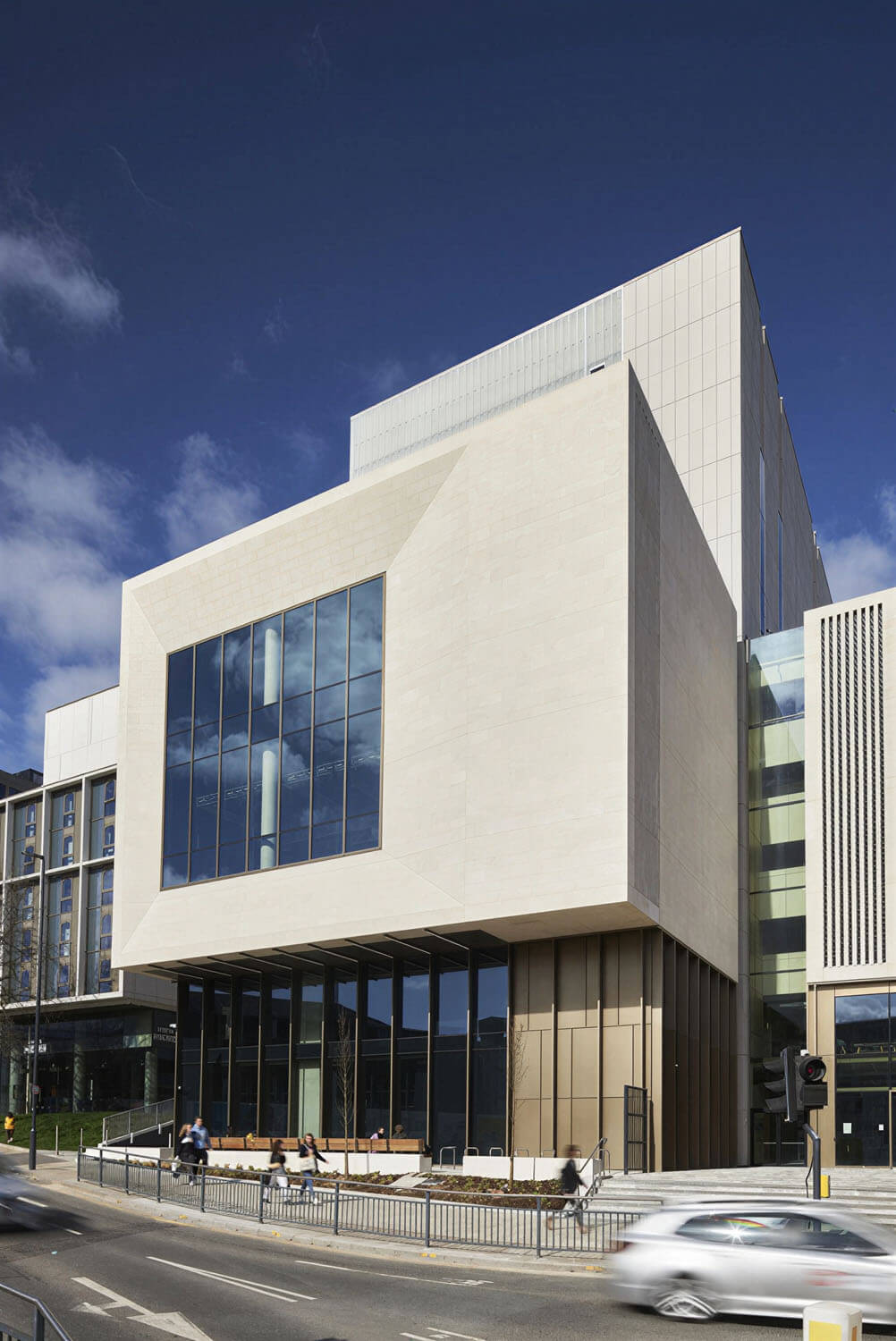 Leeds School of Arts at dusk on its Leeds city-centre site.