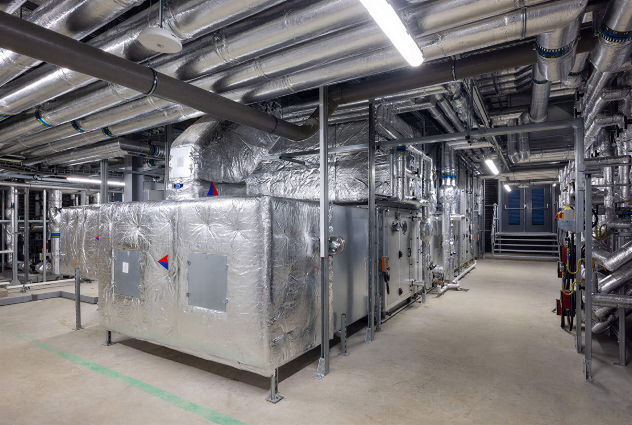 Air handling plant room inside Bassetlaw Emergency Care Village, designed by CAD21 Building Performance Engineering